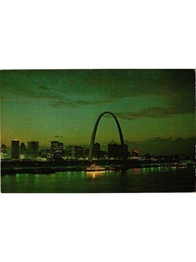 St. Louis Gateway Arch & Skyline Night View Postcard - Vintage Columbia View Car